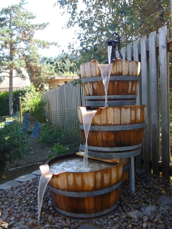 pondless bubbler, water feature, wine barrel fountain