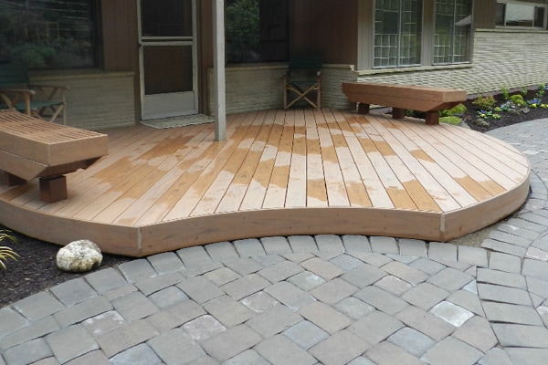 interlocking paver patio, wood deck